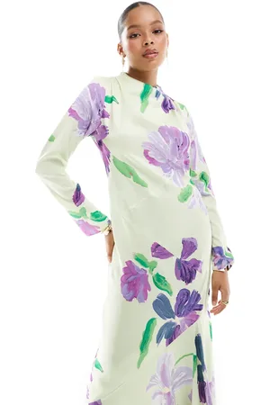 ASOS – Hochgeschlossenes Satin-Maxikleid mit Nahtdetail und großem Blumenprint