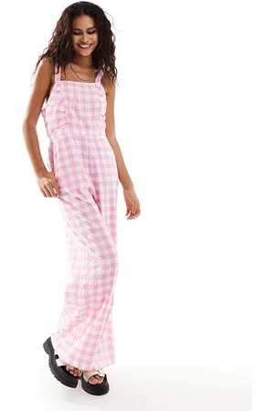 Monki – Jumpsuit mit Vichy-Karos, eckigem Ausschnitt und Raffung vorne