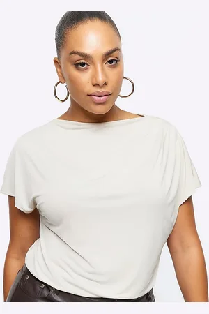 River Island – T-Shirt in Cremeweiß mit drapiertem Ausschnitt