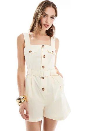 MANGO – Playsuit aus Leinenmix in Beige mit Knopfleiste
