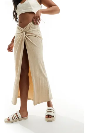 ASOS – Strukturierter Midirock in Stein mit verdrehtem Sarong-Design