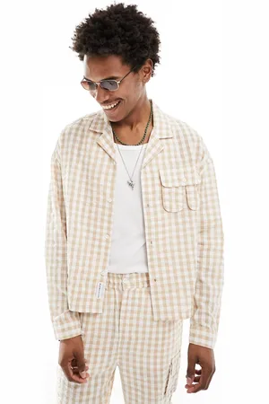 Native Youth – Kurzes, strukturiertes Oversize-Hemd in Hellbeige kariert