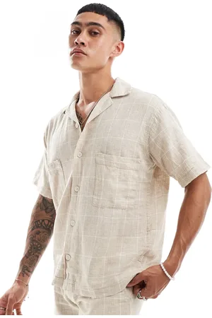 JACK & JONES Premium – Kariertes Leinenmix-Hemd in Beige mit Reverskragen, Kombiteil
