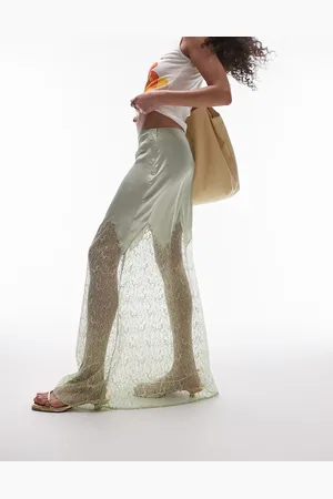 Topshop – Maxirock in sanftem Salbeigrün aus Satin und Spitze