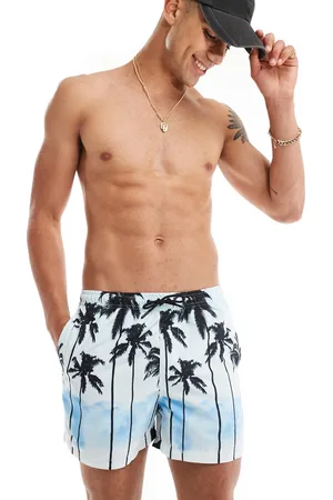 Only & Sons – Badeshorts in Hellblau mit Retro-Palmendruck