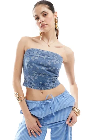VERO MODA – Trägerloses, kurz geschnittenes Oberteil aus Denim mit Blumenmuster und Stickerei