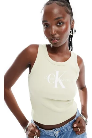 Calvin Klein – Archival Monologo – Geripptes Tanktop in Beige