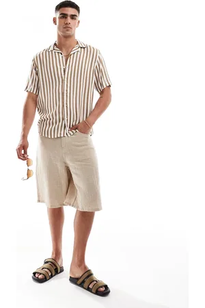 Only & Sons – Hemd in Beige gestreift mit Reverskragen