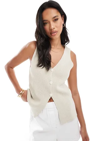ASOS – Longline-Weste aus Strick in Steinbeige mit V-Ausschnitt