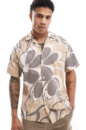 JACK & JONES Premium – Baumwollhemd mit braunem Retro-Blumenmuster und Reverskragen