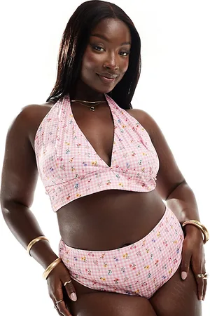ASOS Curve – Angie – Bikinihose mit hohem Beinausschnitt, hohem Bund und geblümten Vichy-Karos