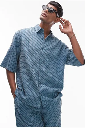 Topman – Kurzärmliges, kastiges Hemd in Blau mit gesticktem Nahtdetail, Kombiteil