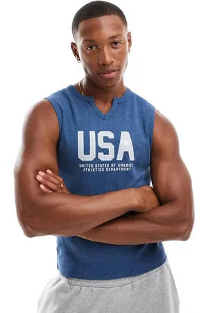 ASOS – Tanktop mit Muskelschnitt in Blau, V-Ausschnitt und „USA“-Print auf der Brust