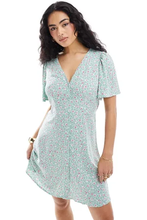 VERO MODA – Kurzes, durchgeknöpftes Skater-Kleid in Minzgrün mit Blumenmuster