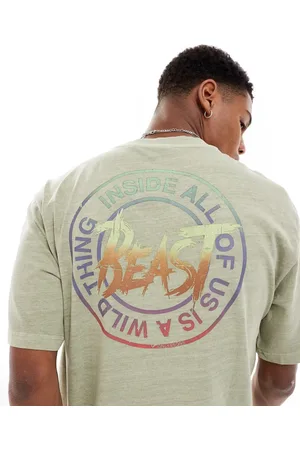 Only & Sons – Lässig geschnittenes T-Shirt in verwaschenem Khaki mit „Beast“-Rückenprint in Retro-Optik