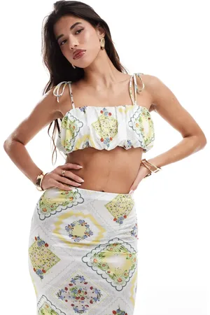 ASOS – Gerafftes Camisole mit kurzem Schnitt aus Satin-Twill mit Tischdeckenprint, Kombiteil