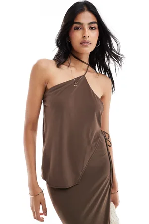 Pull&Bear – Oberteil in Braun mit asymmetrischem Detail und One-Shoulder-Träger, Kombiteil