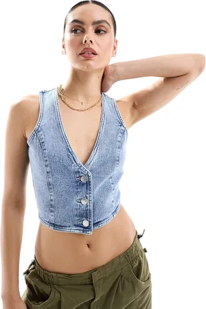 Miss Selfridge – Kurz geschnittene Weste in blauer Waschung