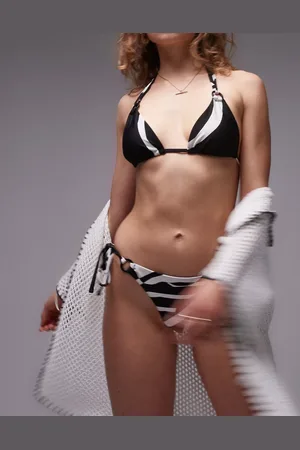 Topshop – Gemusterte Bikinihose in Schwarz und Weiß mit seitlicher Schnürung und Ringdetail