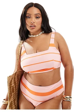 ASOS Curve – Mia – Rosa und orange gestreifte Bikinihose mit hohem Beinausschnitt und hoher Taille