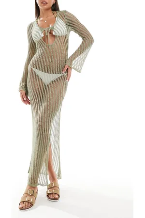 ASOS – Langärmliges Maxi-Strandkleid aus Strickmaterial in Salbeigrün mit Bindedetail vorne