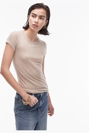 Topshop – Premium – Geripptes, transparentes Longline-T-Shirt in Naturfarbe