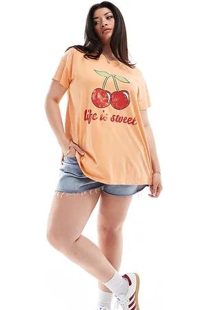 Yours – T-Shirt in Koralle mit Kirsch-Print