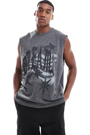 ASOS – Oversize-Tanktop in verwaschenem Schwarz mit Grunge-Print auf der Vorderseite, 220 g/m² schwer