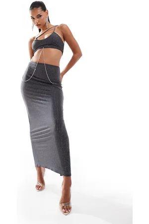 ASOS – Hotfix-Midikleid in Anthrazit mit überkreuzten Trägern und Körperkette mit Strass