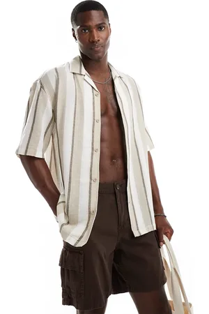Pull&Bear – Hemd in Beige mit Streifen in Braun