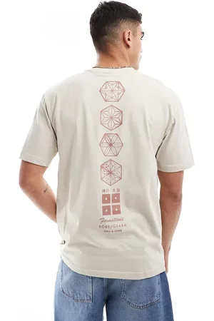Only & Sons – Locker geschnittenes T-Shirt in Beige mit Print mit japanischen Schriftzeichen