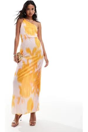 ASOS – Plissee-Maxikleid mit verdrehtem One-Shoulder-Träger und Blumenmuster in Orange und Rosa