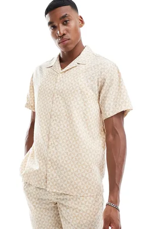 JACK & JONES – Oversize-Hemd in Beige mit geometrischem Print und Reverskragen, Kombiteil
