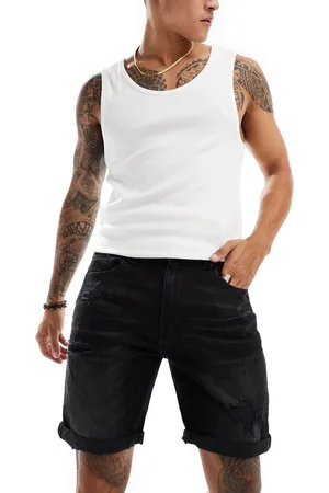 Pull&Bear – Zerrissene Jeans-Shorts mit schmalem Schnitt in verwaschenem Schwarz