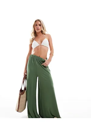 ASOS Petite – Palazzo-Strandhose aus Jersey in Khaki