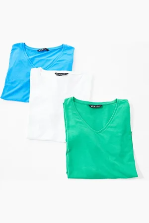 Yours – 3er-Pack T-Shirts in Blau, Grün und Weiß mit V-Ausschnitt