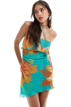 MANGO X Siedres – Kurzes Neckholder-Kleid in mit orangefarbenem Blumenmuster