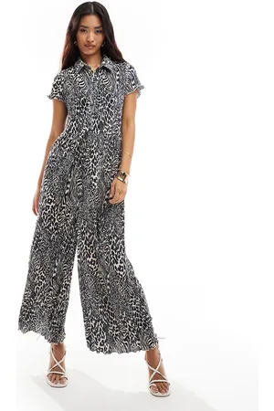 ASOS – Kurzärmliger Plissee-Jumpsuit mit blauem Animalprint und geradem Bein
