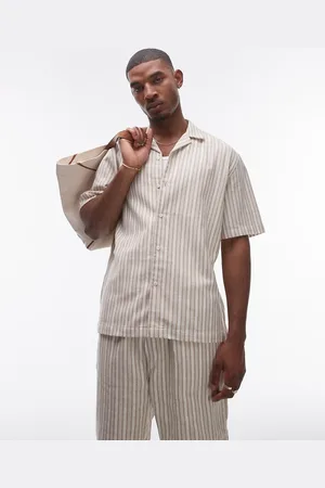 Topman – Kurzärmliges Hemd aus Häkelmaterial in Cremeweiß mit Streifen, Kombiteil