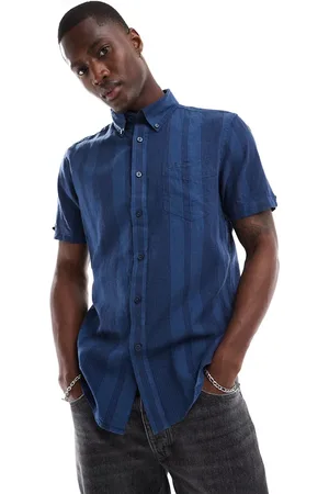 Ben Sherman – Kurzärmliges Leinen-Hemd mit Streifenmix in Dunkelblau