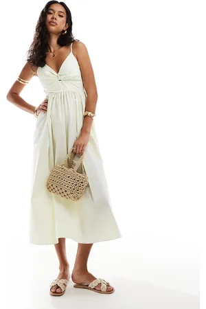 River Island – Midikleid aus Popeline in Hellgelb mit dünnen Streifen