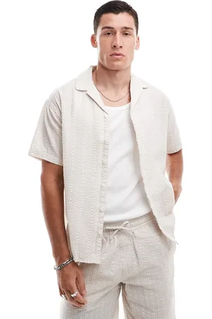 JACK & JONES – Oversize-Hemd in Beige mit Knitterstruktur und Reverskragen, Kombiteil