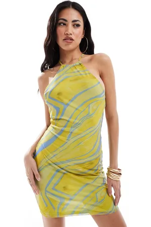 ASOS – Netzstoff-Minikleid in Gelb und Blau mit Neckholder-Träger und Animalprint