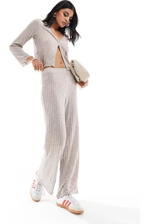 Pieces® – Gerippte Jersey-Hose in meliertem Beige mit weitem Schnitt, Kombiteil