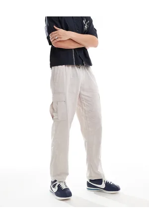 JACK & JONES – Schmal zulaufende Leinenhose in Beige mit Cargotaschen