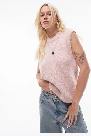 Topshop – Trägertop aus Bouclé-Strick in Hellrosa mit Rundhalsausschnitt