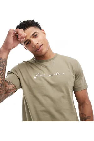 French Connection FCUK – T-Shirt in hellem Khaki mit mittigem Logo in Kritzel-Optik