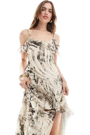 MANGO – Bardot-Midikleid in mit Tierfell-Mustermix