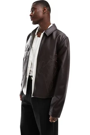 ASOS – Kurze Harrington-Jacke aus Kunstleder in mit floraler Prägung