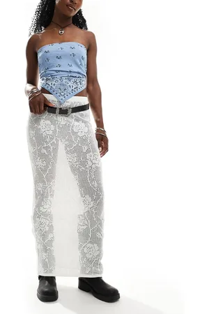 ASOS – Transparenter Maxi-Strickrock in Elfenbeinweiß mit floraler Spitze